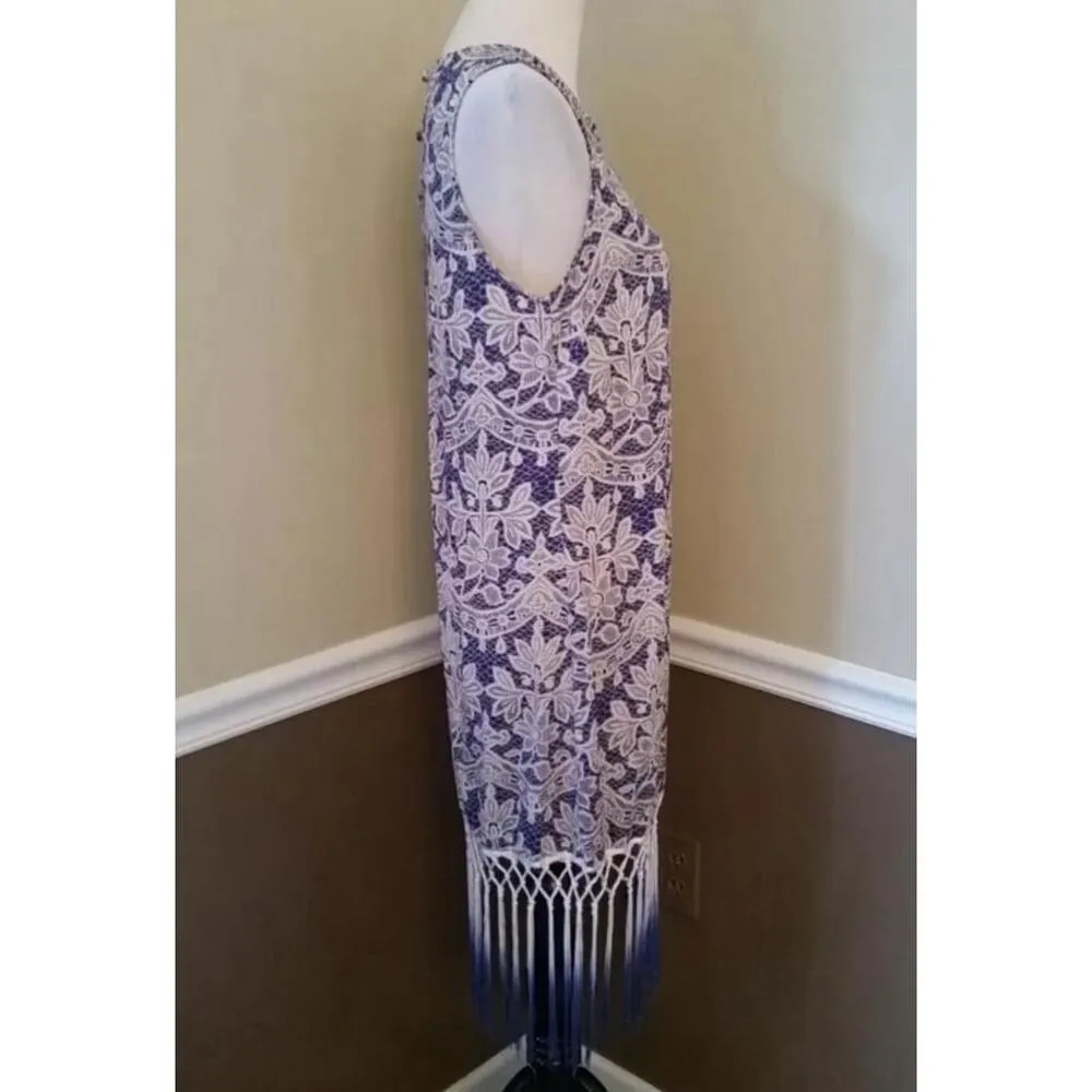 Blue & Beige Lace Print Fringe Hem Sleeveless Boho Dress by Moon from Modcloth Size M - Image 5