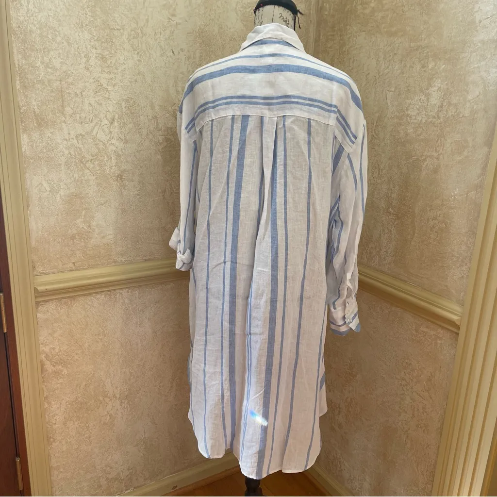 H&M LONG LINEN STRIPED SHIRT DRESS BUTTON DOWN BLUE WHITE LONG SLEEVES SZ LARGE - Image 10