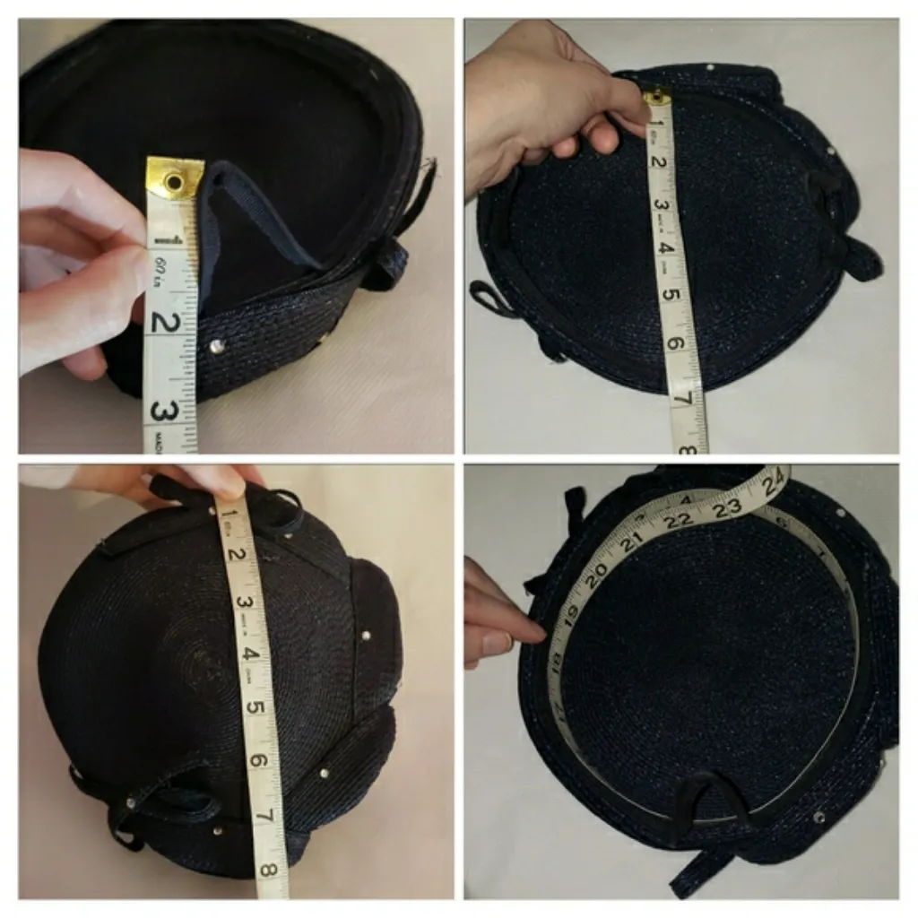 Vintage navy straw weave hat with bows and rhinestones Blue - Image 12