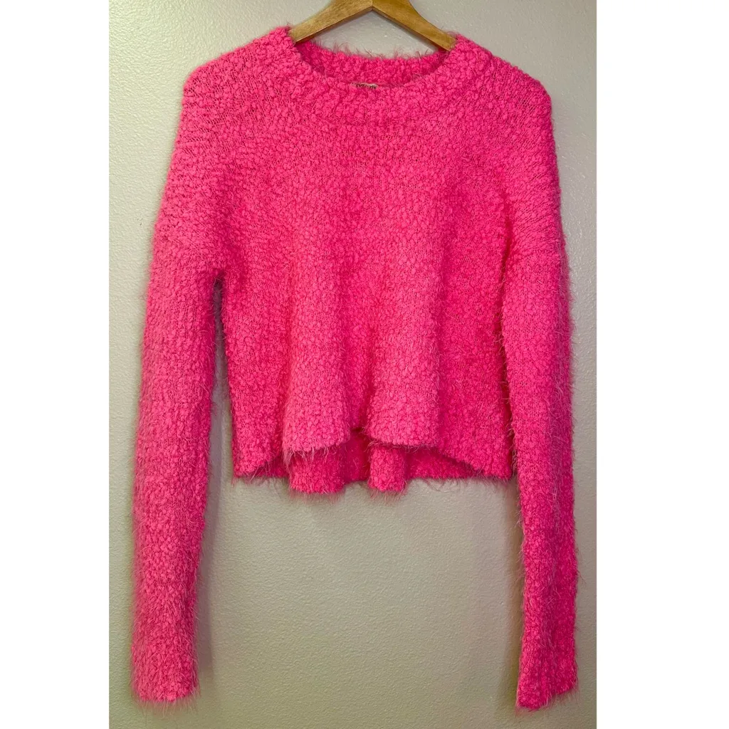 Show Me Your MuMu Cropped Varsity Sweater Dazzling Pink Knubby Knit Crew Neck - Image 9