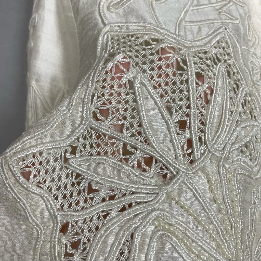 Silk Jacket White Ivory Beads Lace Shell Buttons Norm Thompson Medium Elegant - Image 15