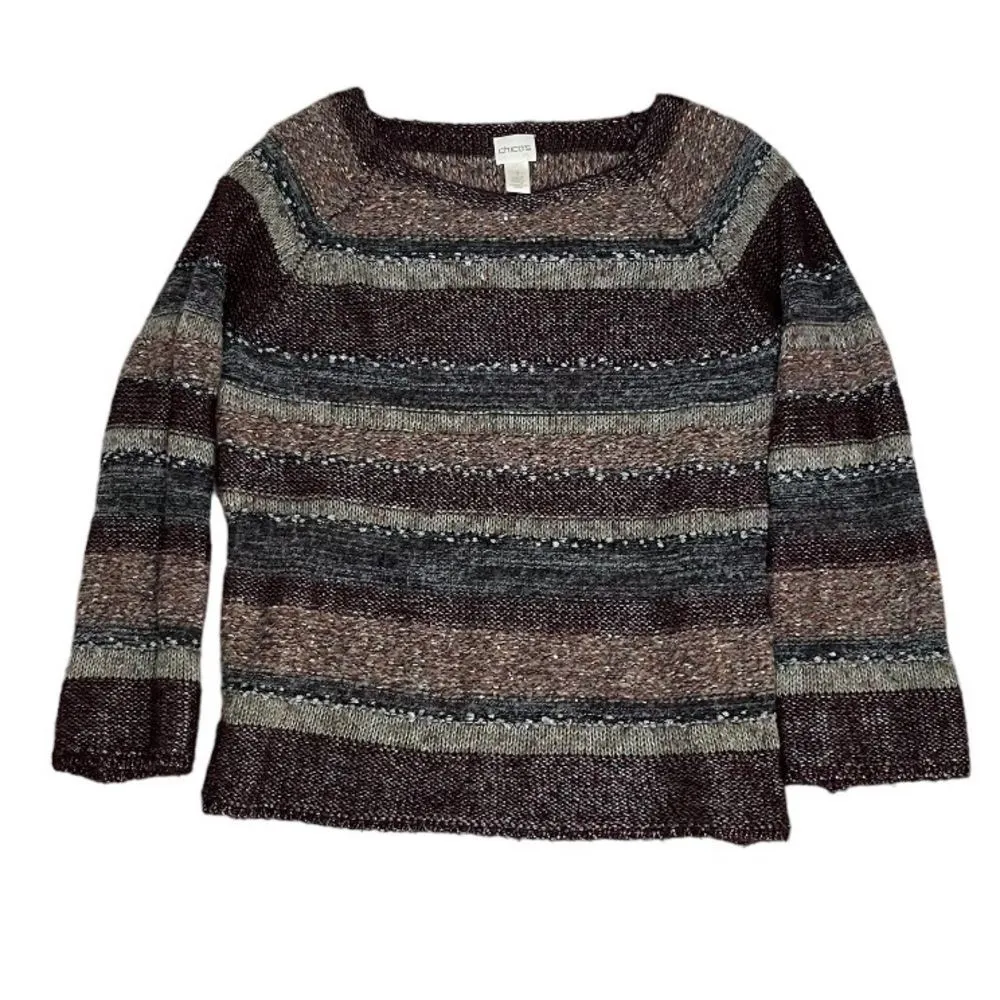 CHICOS Striped Sweater Scarf Set Pullover Sparkle Stripe Earth Tones Size 1 MED - Image 3