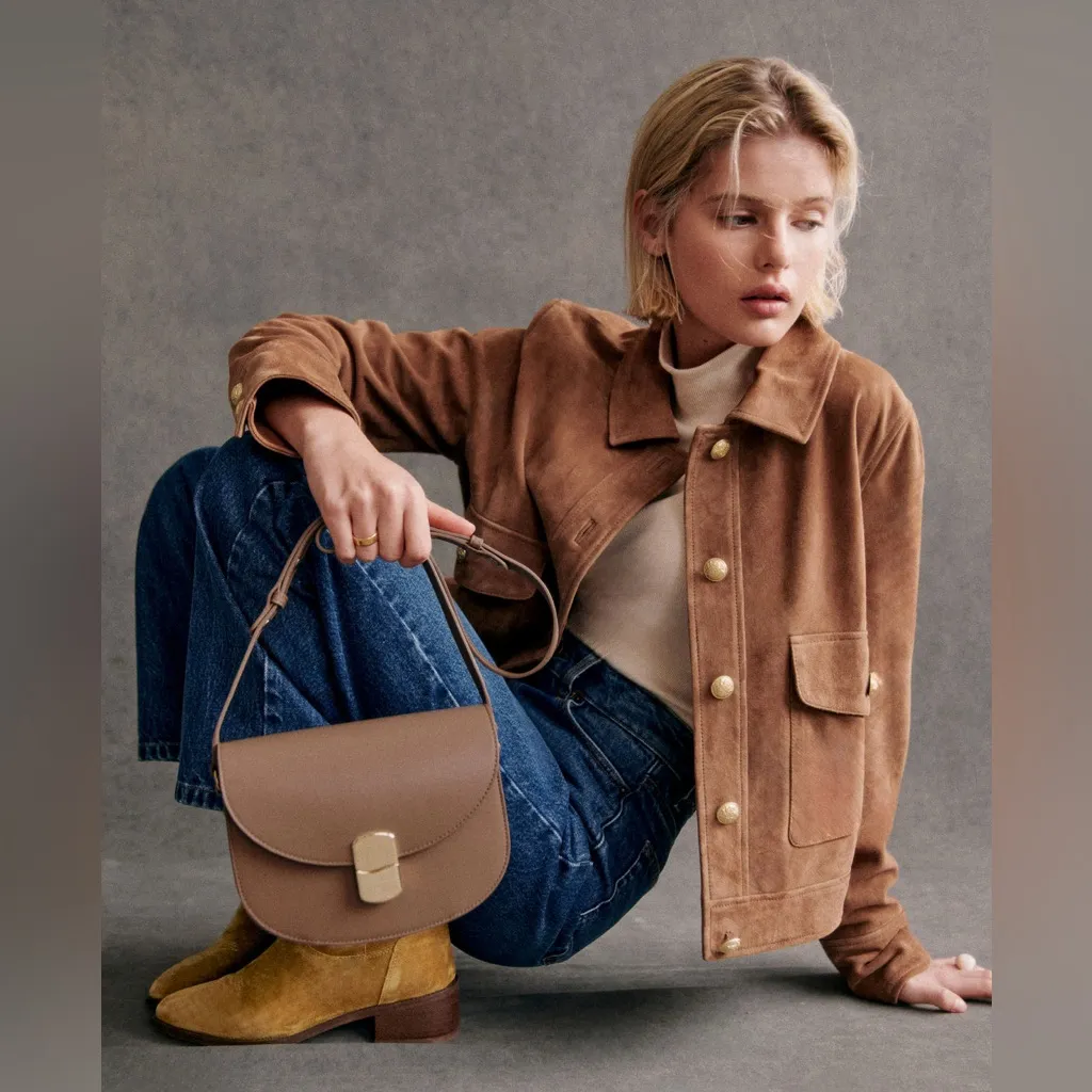 Sézane Terry Jacket Gold Buttoned Camel Suede Goat Leather FR 34 NWT - Image 10