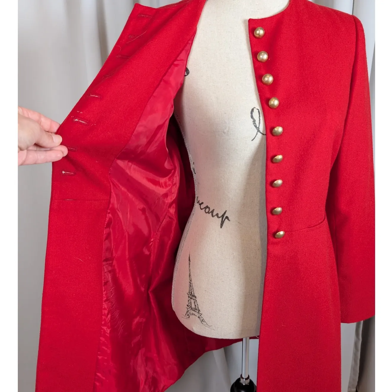 Vintage Harve Bernard by Bernard Holtzman Wool Overcoat Red with Gold Buttons XS - Image 15