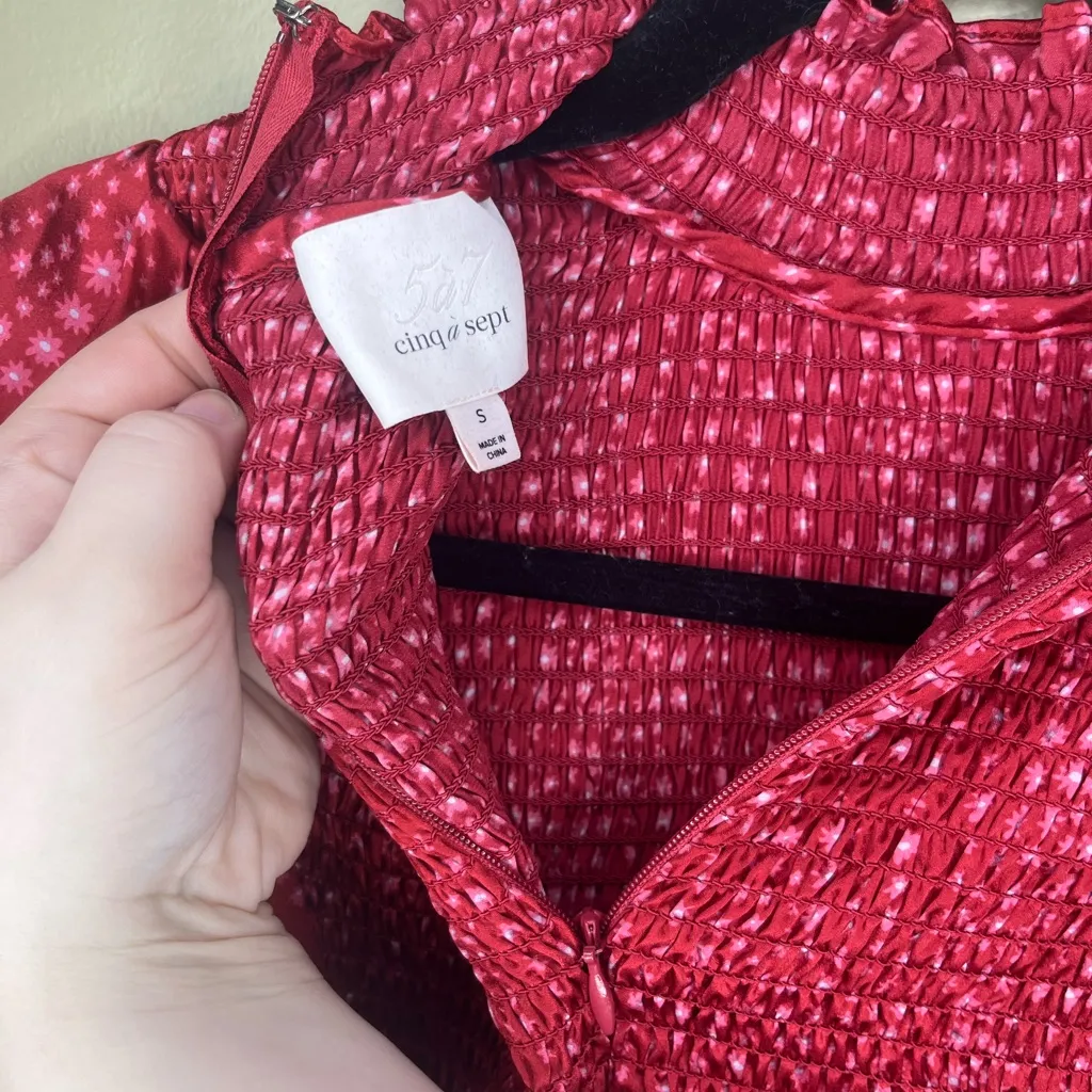 Cinq à Sept Women’s Cherry Red Silk Smocked Top White - Image 7