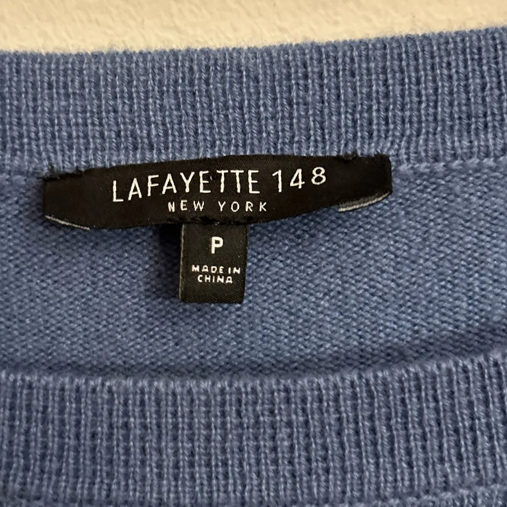 Lafayette 148 Cornflower Blue Cashmere Faux Silk Trim Sweater Top Extra Small P Size XS - Image 9