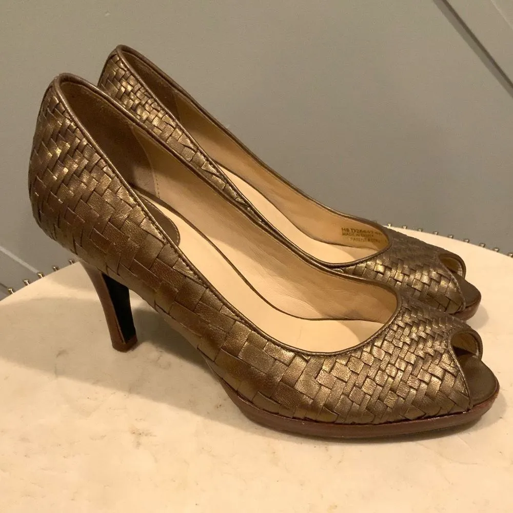 Cole Haan Gold Heeled Metallic Woven Leather Peep Toe Woman’s Pumps Size 6 - Image 8
