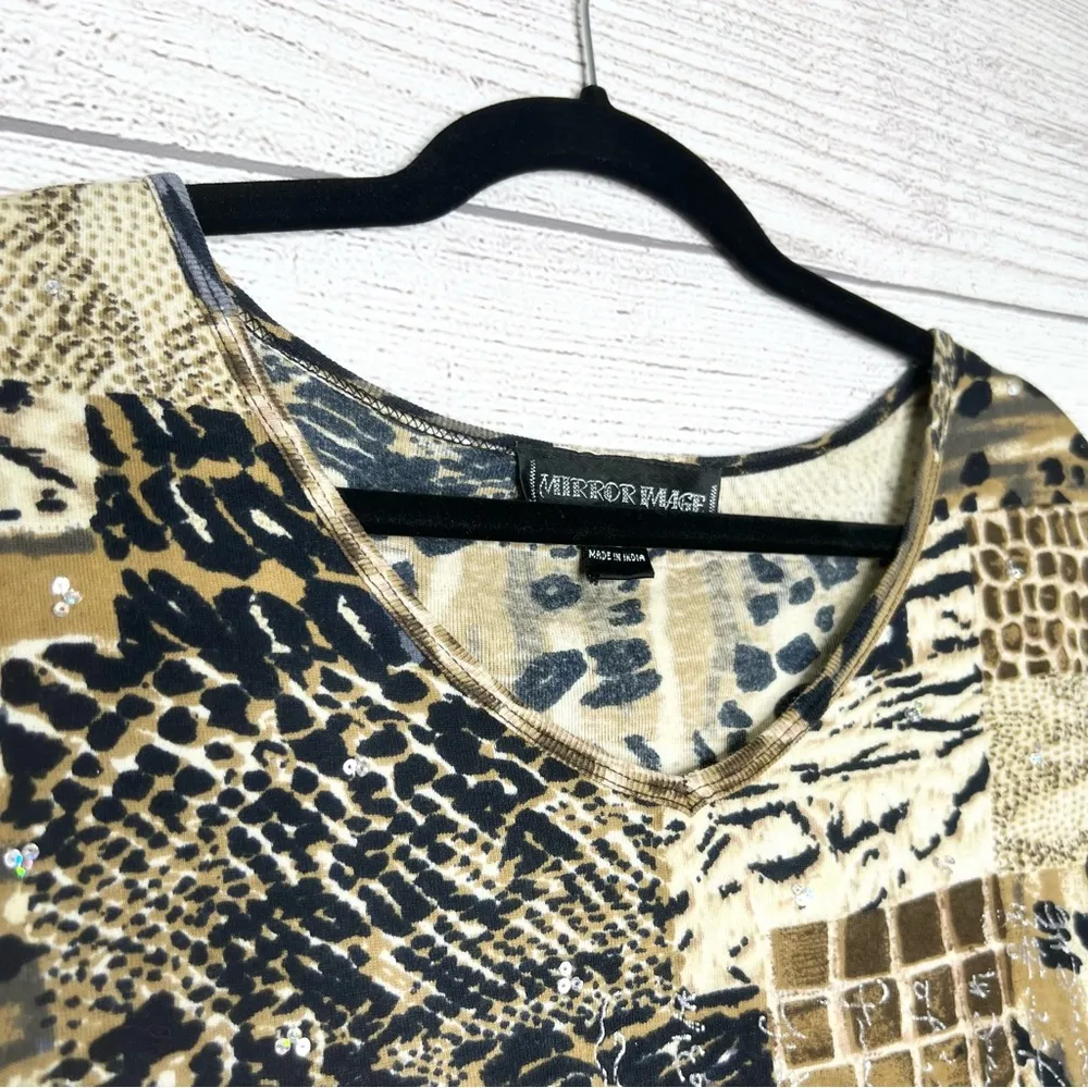 Vintage Animal Print Cheetah Leopard Patchwork Print T-Shirt Top Size XL - Image 4