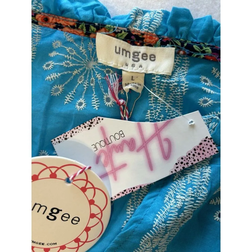 UMGEE Top Babydoll Boho Festival Indy Blue Flowy Blouse Large Ballon Sleeves NWT - Image 6