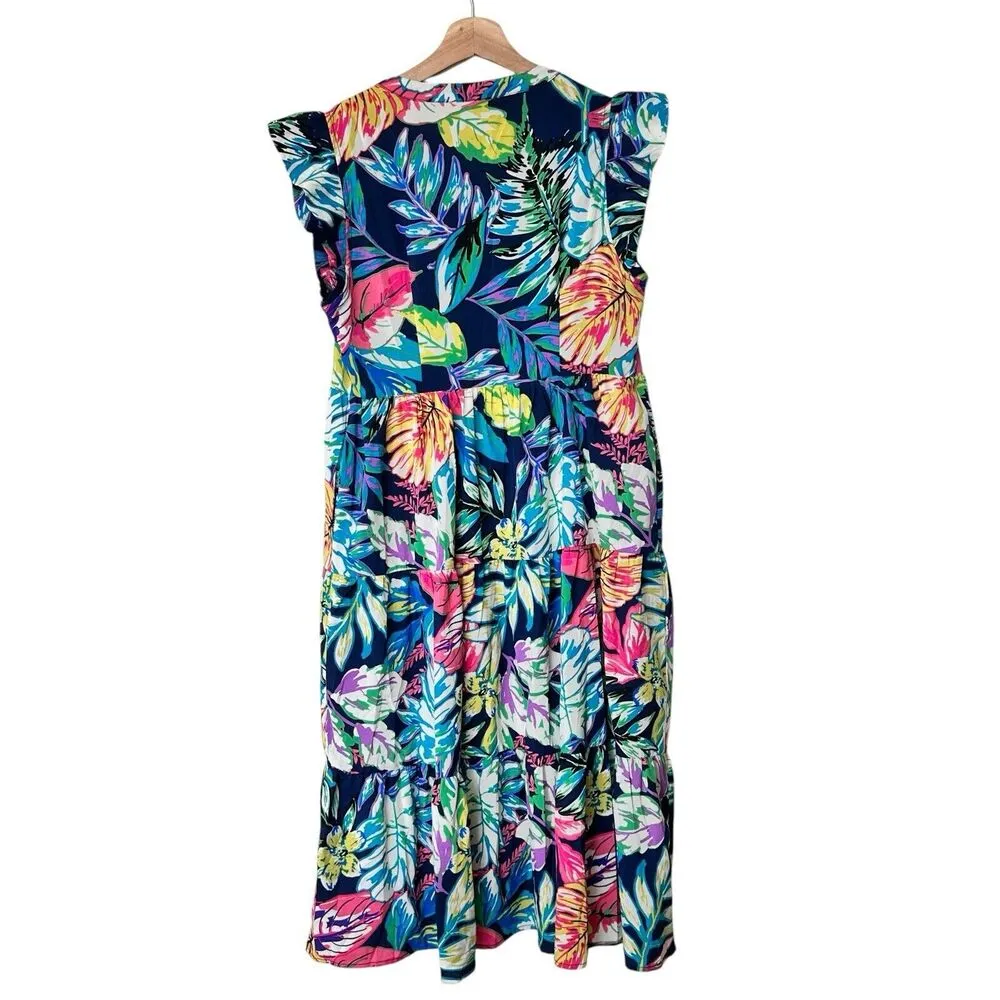 Jodifl midi Dress S Floral V Neck Short Ruffle cap Sleeve with pockets Blue - Image 3