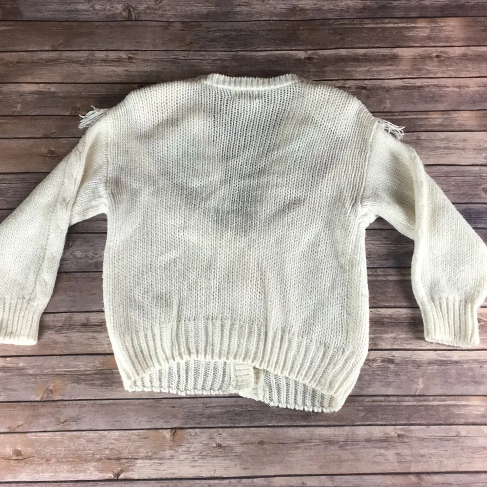 VINTAGE WESTERN CABLE KNIT FRINGE CROCHET CARDIGAN White Size M - Image 5