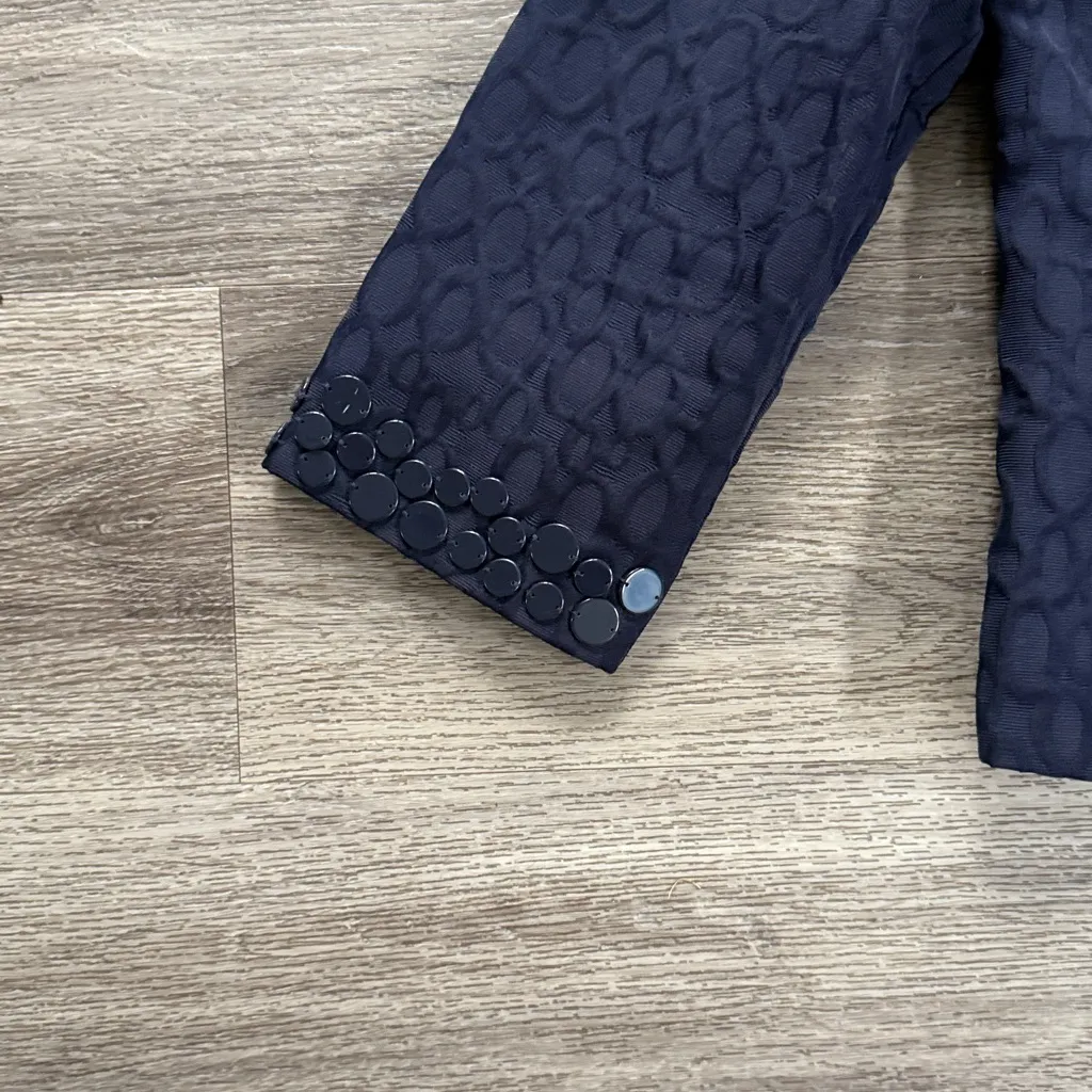 Dana Buchman Navy Textured Blazer Size 12 Collarless Jacquard Embellished Trim - Image 4