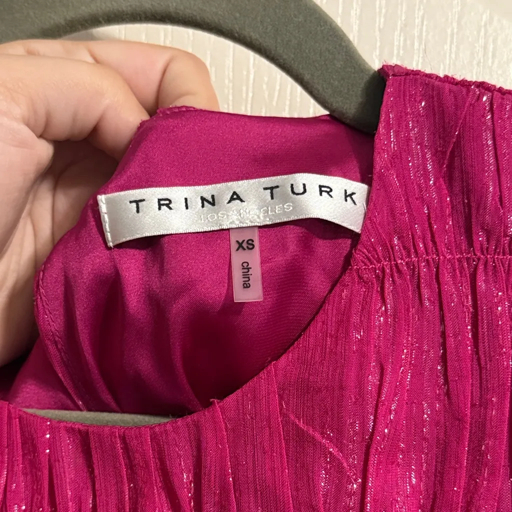 Trina Turk Metallic Pink Shirred Puff Sleeve Mini Tiered Shimmer Dress - Image 5