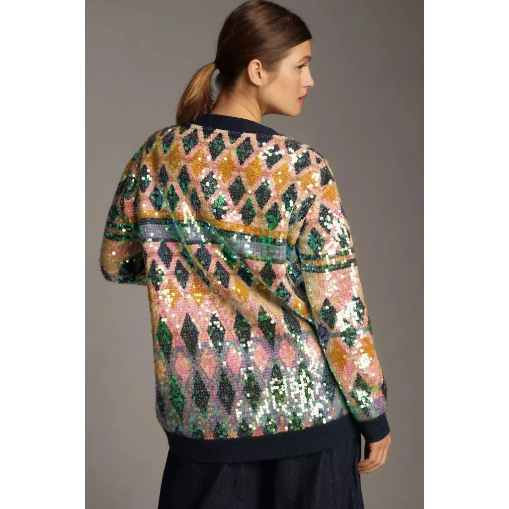 NWT Anthropologie Maeve Patterned Sequin Oversized Cardigan Sweater XS - Image 3