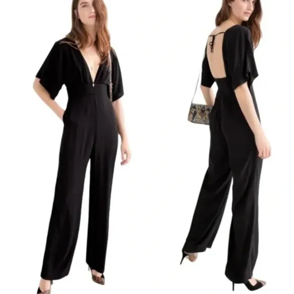 & Other Stories Plunge Neck V-Cut Wide Leg Black Jumpsuit | 4 - Image 2