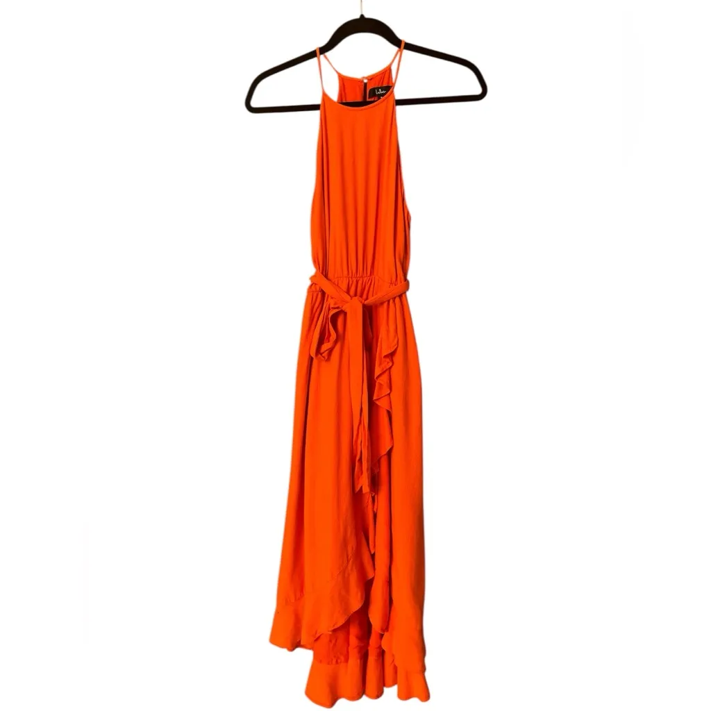 Lulus Bright Expression Orange Faux-Wrap Ruffled Midi Dress - Image 6