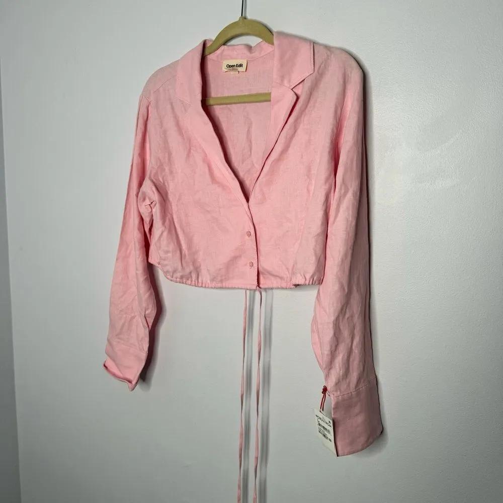 Open Edit cropped button down pink shirt size small - Image 6