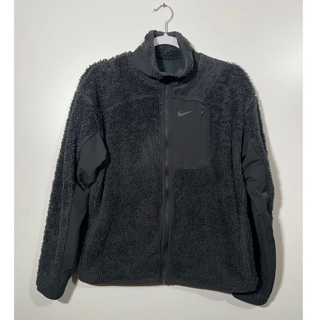 NIKE Fuzzy Sherpa Full Zip Jacket Size Medium Black Zipper - Image 4
