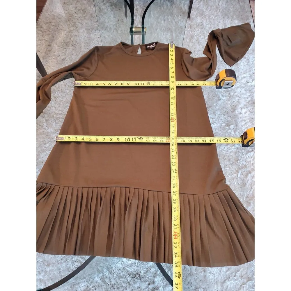 Myzen Women Green Solid Round Neck Long Sleeve Casual Knee Length Dress Size 44 - Image 8