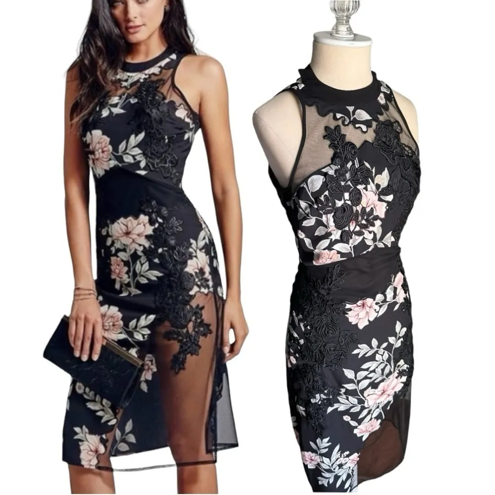 Guess Aluara Women's Black Pink Floral Embroidered Sexy Halter Midi Dress Size 0 - Image 2