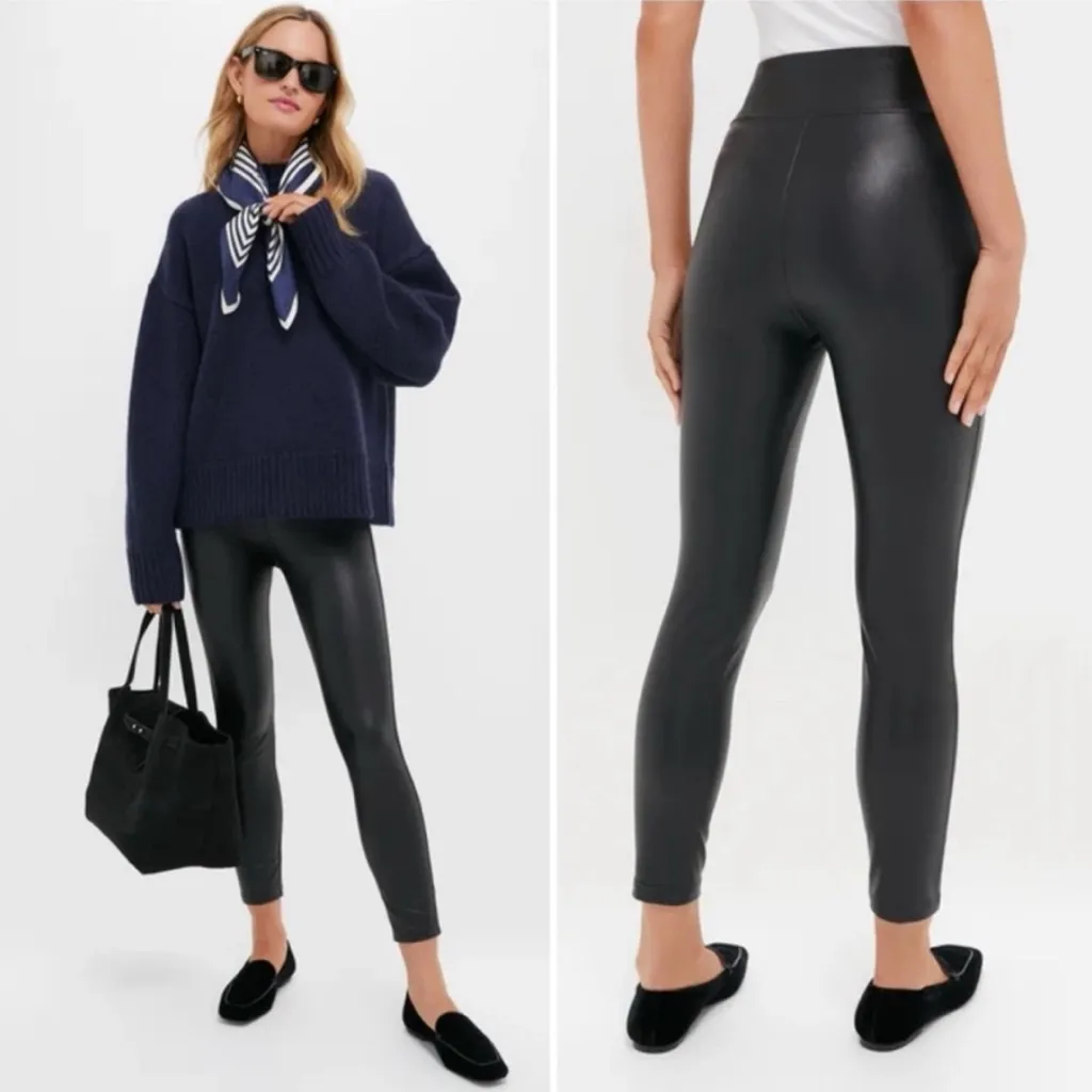 Tuckernuck black faux, leather high waisted wide waistband pants leggings. S - Image 3