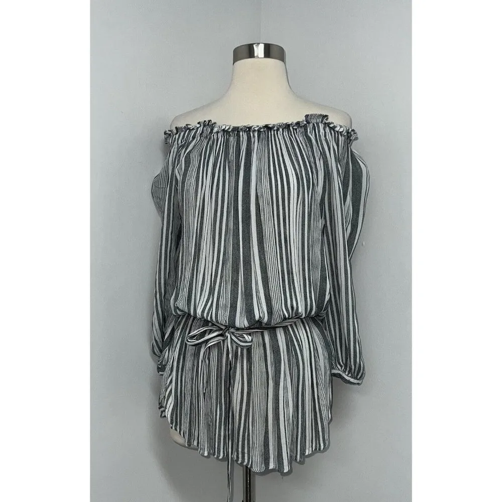 Forever 21 Off The Shoulder Short Dress Womens Size M Gray Cream Striped - Image 4
