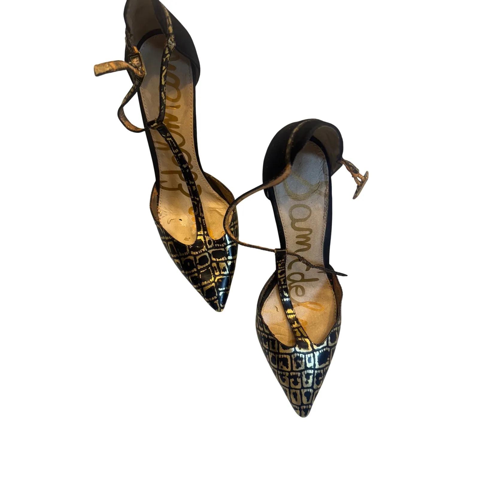 Sam Edelman  Black & Gold Alligator Embossed Pointed Toe Heels Ankle Strap - Image 3