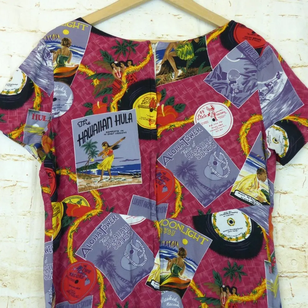 Reyn Spooner Y2K Hawaiian Novelty Printed Dress Womens L Red Rayon Records Aloha Size L - Image 11