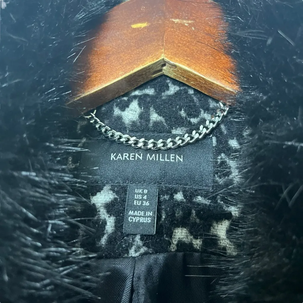 Karen Millen Wool Blend Coat Women’s US 4 Black White Faux Fur Collar Zip Moto - Image 13
