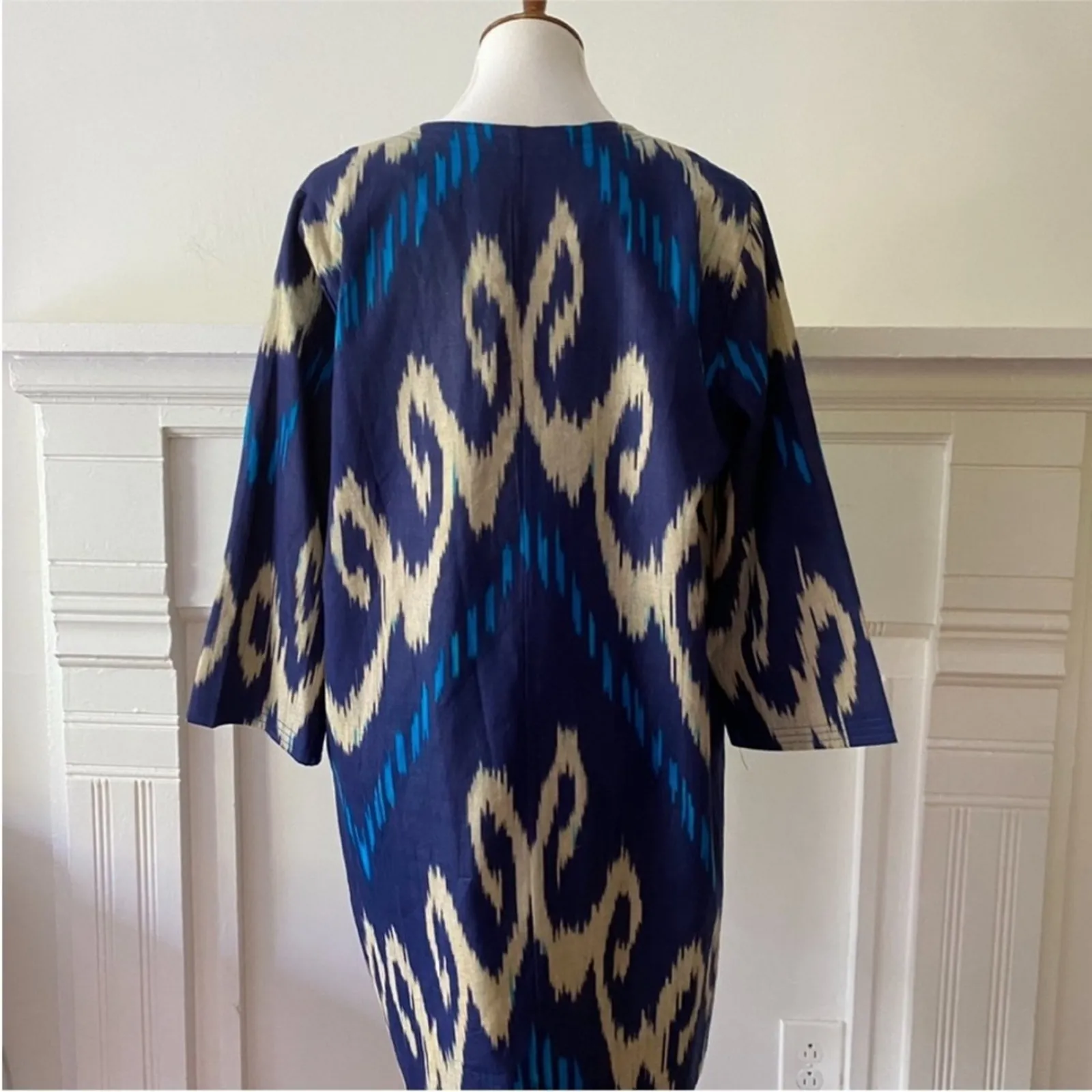 Womens Jacket Large Shacket OS Duster Boho Kimono Bohemian Ikat RARE Art to wear Blue - Image 5