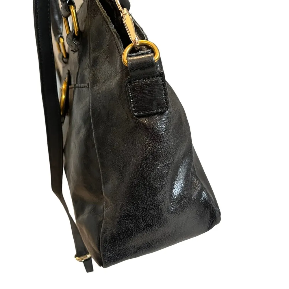 Elliott Lucca Black Glossy Leather Satchel Shoulder Bag Gold Accents - Image 10