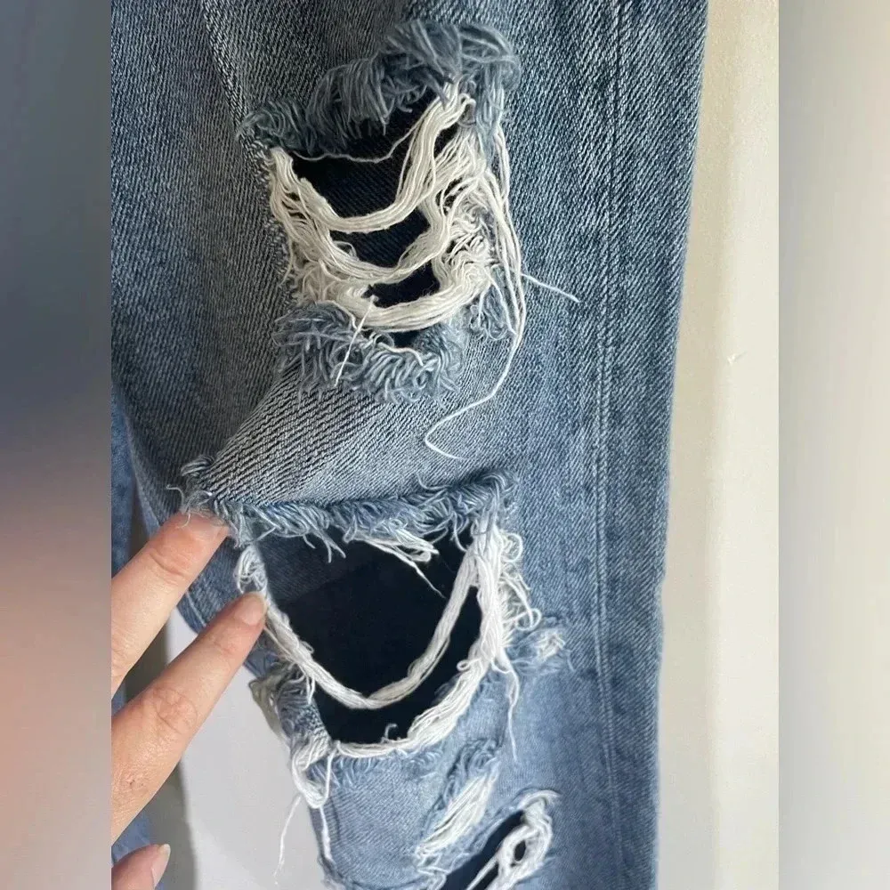 KANCAN Heavily Distressed Boyfriend Jeans Crop Size 7 27ā (Actual 31ā) Patch 084 Blue - Image 4