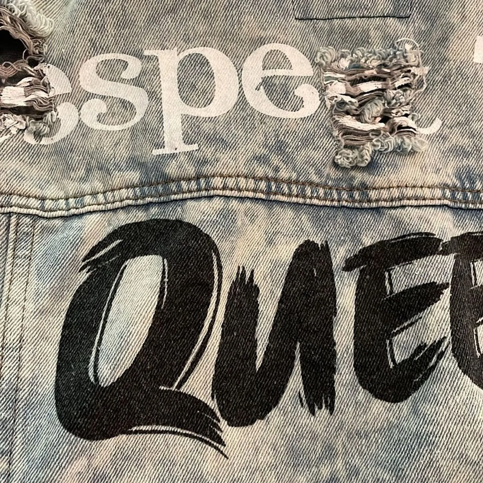 Thrill Acid Wash Long Duster Jean Jacket Womens Medium Graphic Print Distressed Blue - Image 10