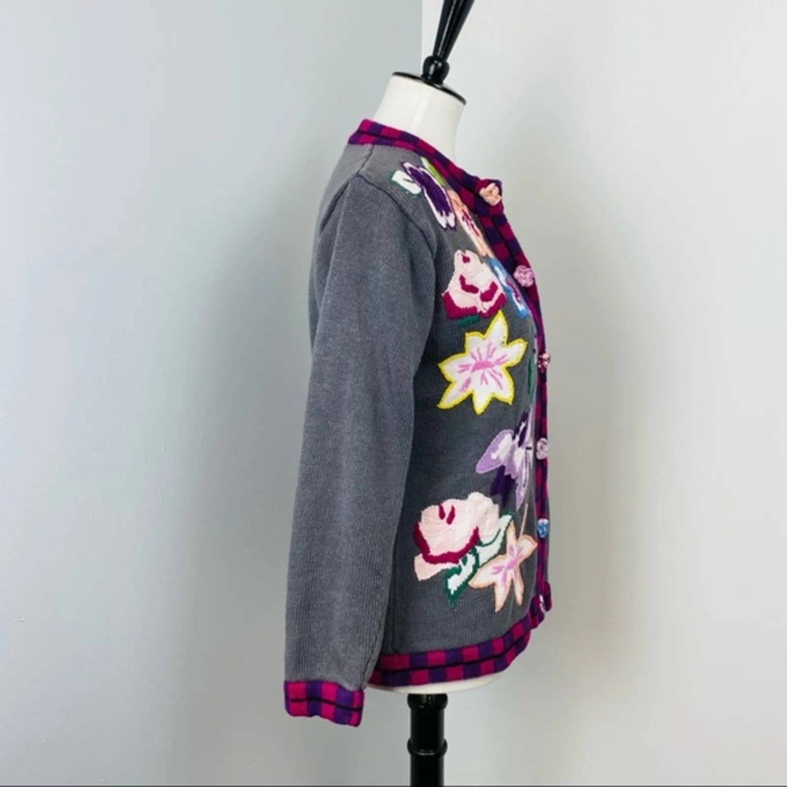 Storybook Knits Beautiful Colorful Whimsical Floral Knit Cardigan Small Gray - Image 3