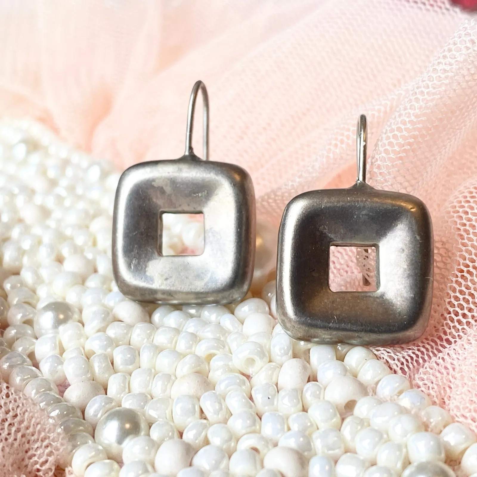 Maxine Denker Square Drop Earrings Modernist Silver Tone Hook Old Money - Image 4
