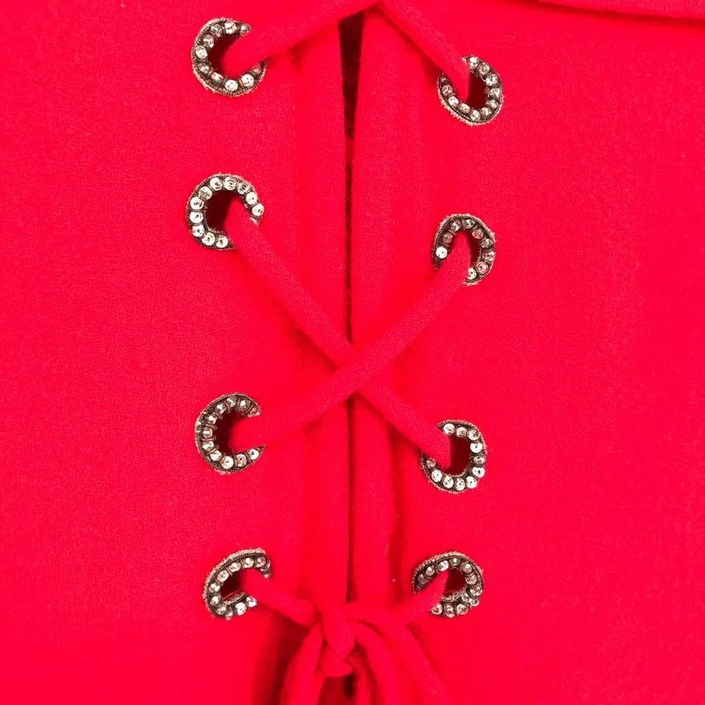 70’s Vintage Bill Blass Red Neiman Marcus Crisscross Lace Up Elbow Sleeve Dress - Image 3