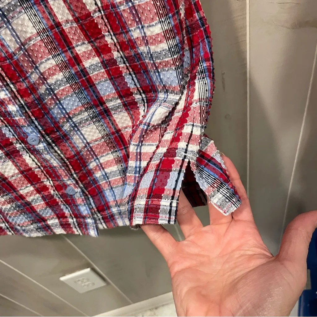 Cute vintage 90s plaid seersucker breezy short sleeve blouse beach coastal USA - Image 8