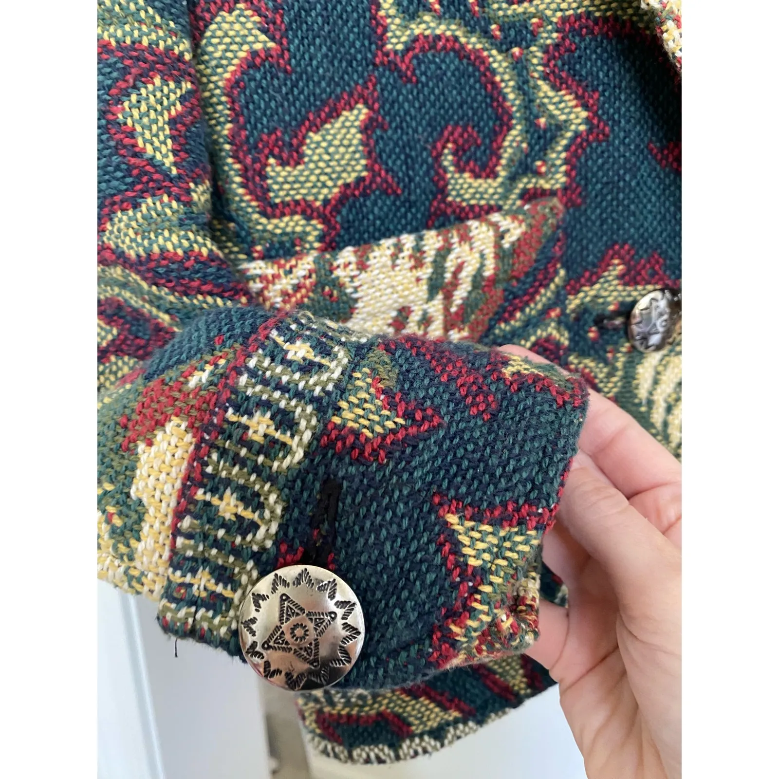 Vintage Tapestry Coat Shawl Collar Two Button E. Claire S/M Boho Artsy Western Blue Size M - Image 8
