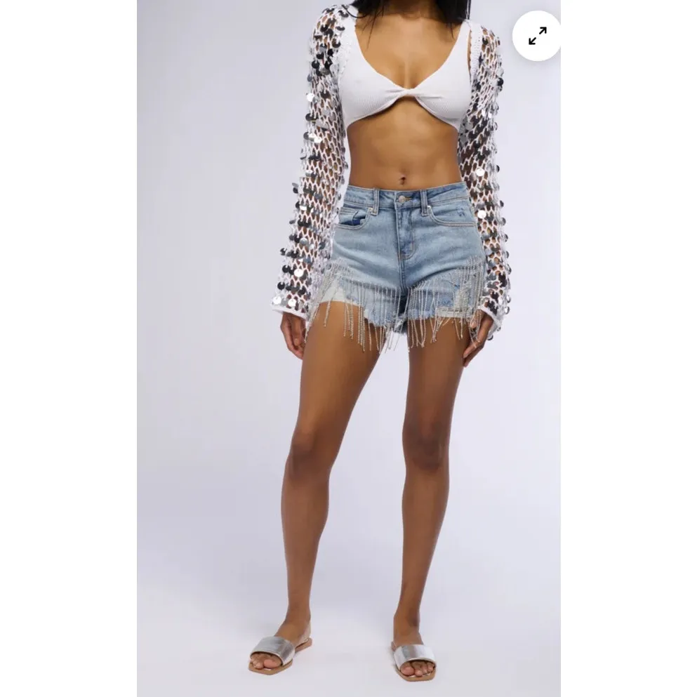 Akira Cut Off Jean Shorts Small Rhinestone Fringe High Rise Distressed Flaws - Image 2