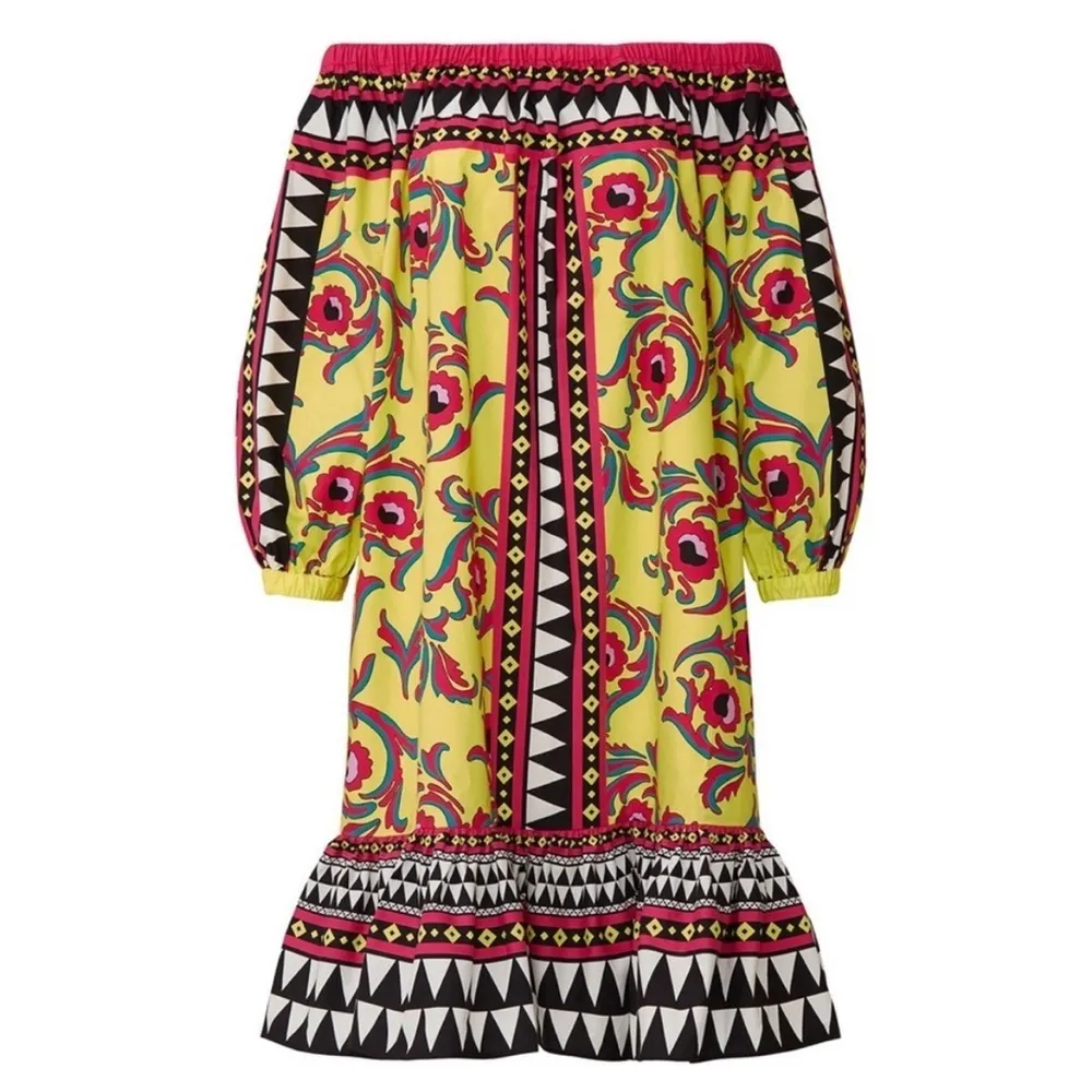 La DoubleJ Paloma short cotton trapeze dress in Cartwheel Giallo geometric print Yellow Size XL - Image 3