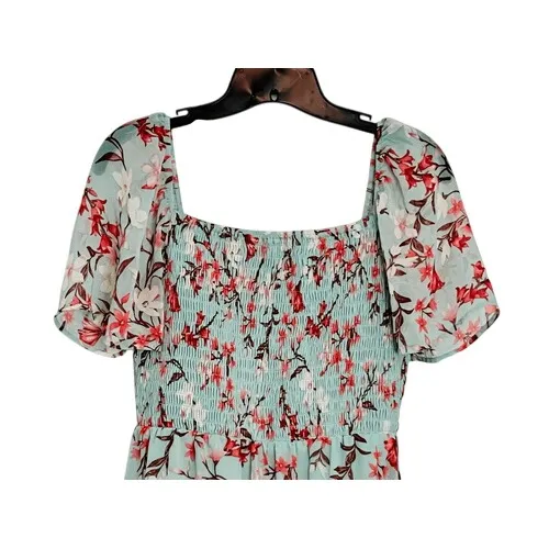 As U Wish Green Floral Chiffon Smocked Asymmetrical‎ Dress LARGE Cottage Flowy - Image 2