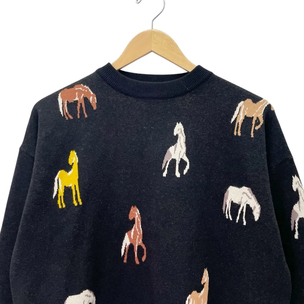 THML Black Horse Print Sweater Knit Crewneck Pullover Equestrian Western Small - Image 4