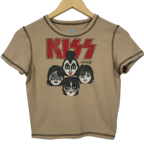 Kiss X Emoji Rhinestones Crop Retro‎ Band Tee Size M - Image 2