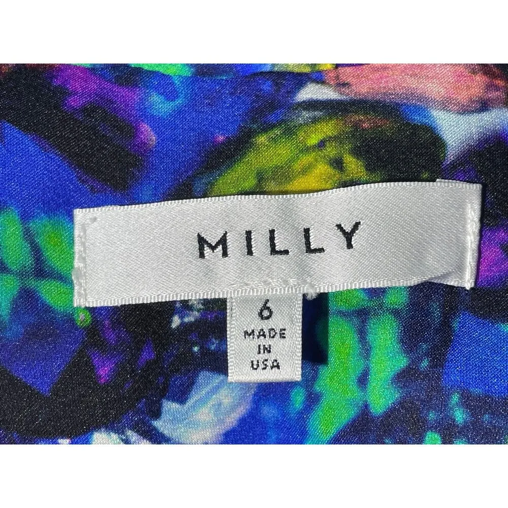 Milly Silk Blouse Size 6 Blue Abstract Tie Neck Academia Preppy Country Club - Image 7