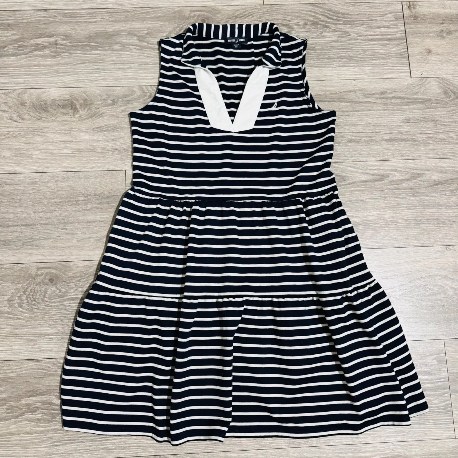 Nautica Jeans Navy White Striped Sleeveless Tiered V Neck Collar Short Dress S Blue - Image 10