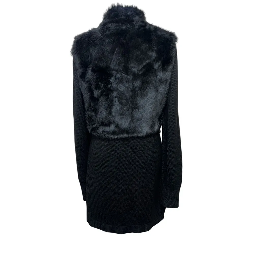 Tahari Wool Faux Fur Full Snap Long Black Mixed Media Sweater Shacket Size Small - Image 2