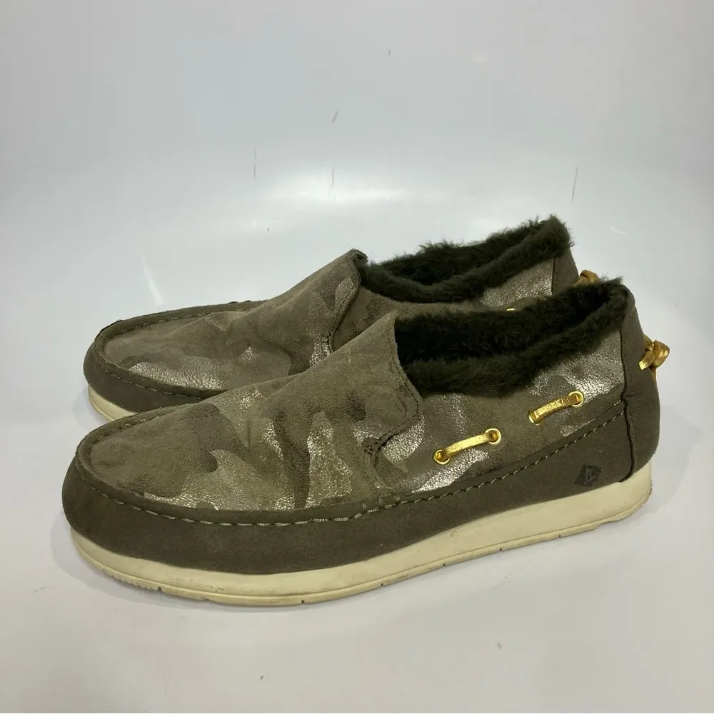 Sperry Moc-sider slip on shoes metallic camouflage women’s size 8.5 faux‎ fur - Image 5