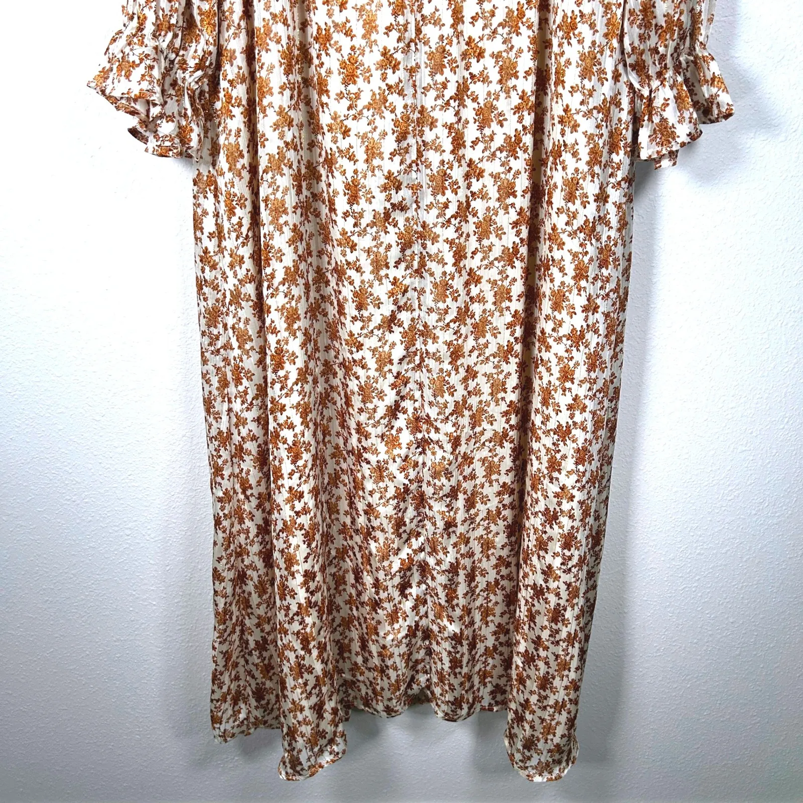 Pink‎ Lily Floral Long Sleeve Midi Dress V Neck Ruffle Cuffs Women's - Image 9