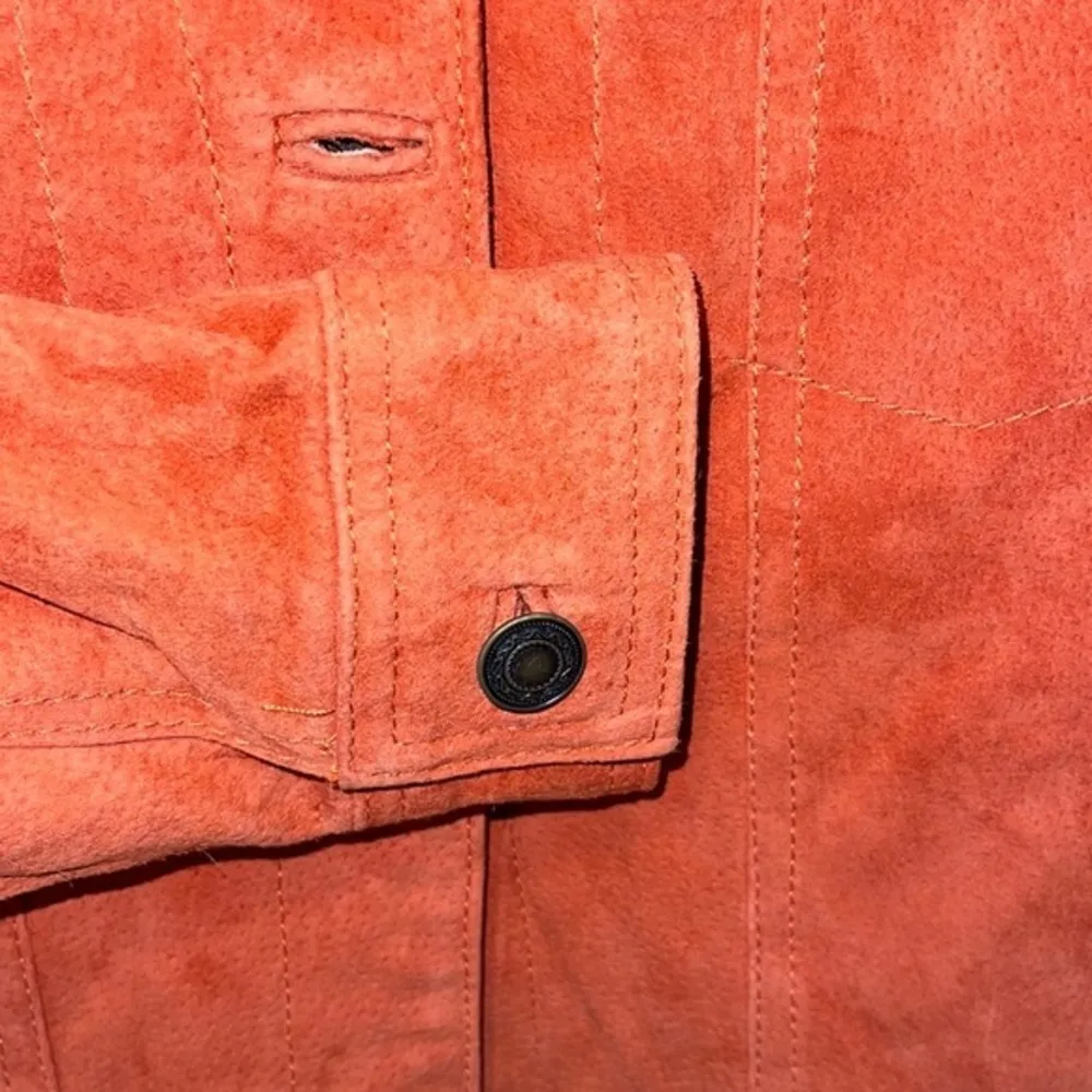 🧡 Denim & Co Button Front Washable Suede Leather Jean Jacket Size XS Orange - Image 3