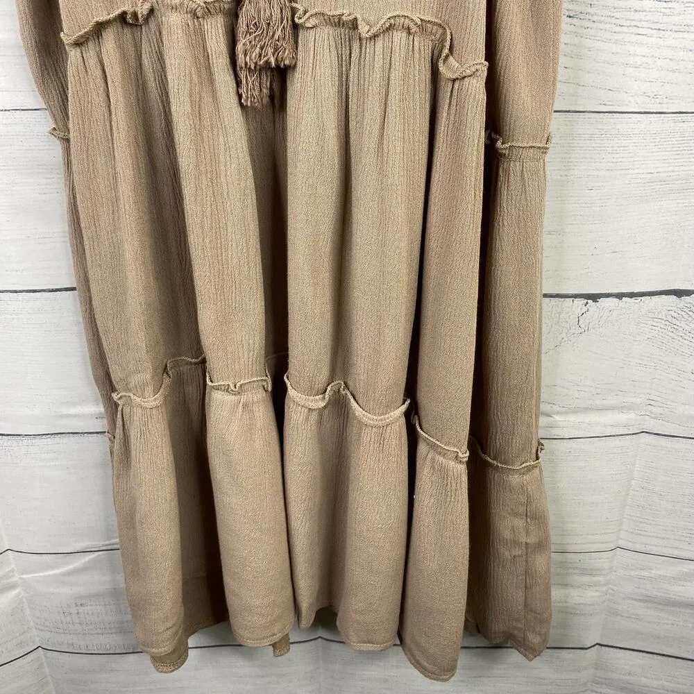 Kori America Womens Aztec Tribal Boho Tiered Embroidered Mini Dress Tan size M - Image 8